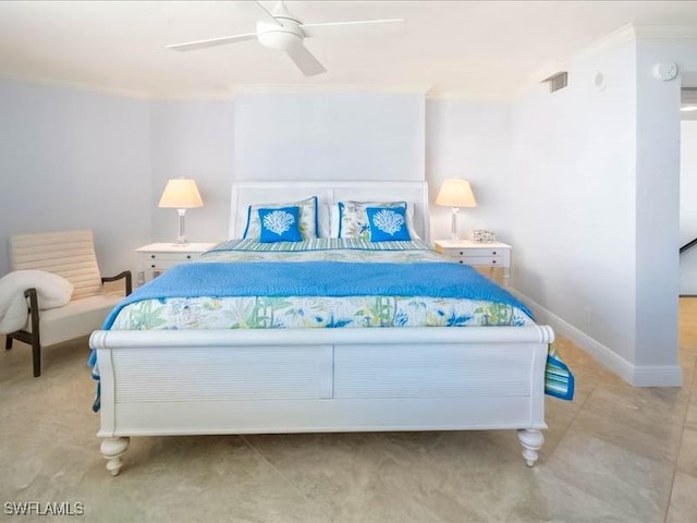 bedroom featuring visible vents, ceiling fan, baseboards, and ornamental molding