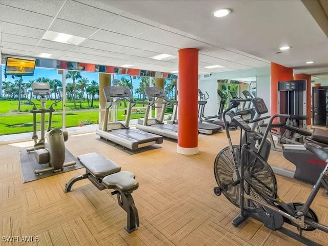 exercise room with carpet floors, a paneled ceiling, and a wall of windows