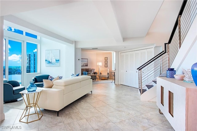 living room with stairs