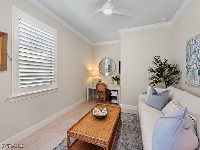 living area featuring ceiling fan, baseboards, and ornamental molding