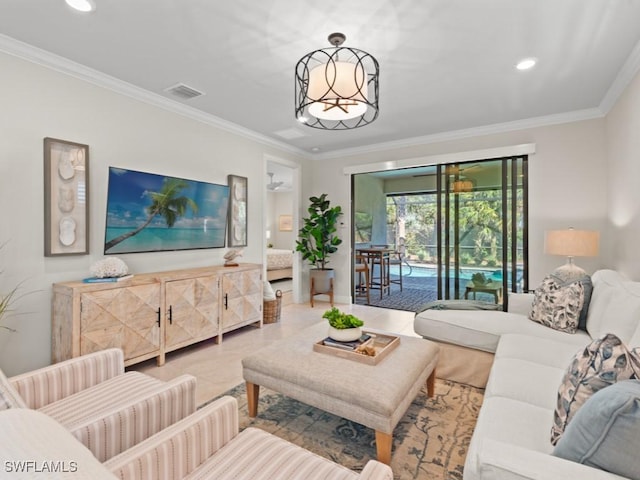 living area with tile patterned flooring, recessed lighting, visible vents, and ornamental molding