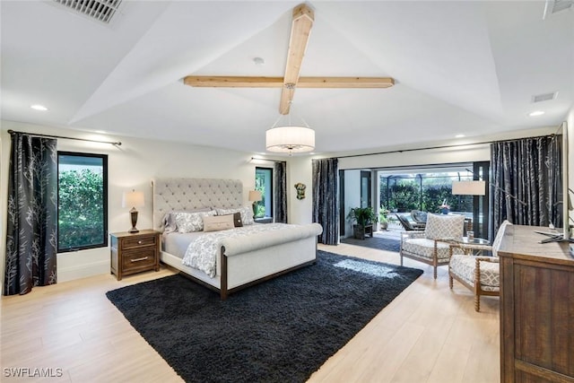 bedroom featuring access to exterior, vaulted ceiling with beams, wood finished floors, and visible vents