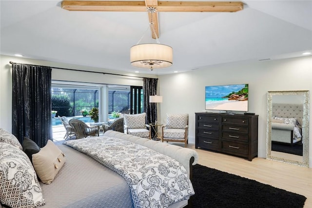 bedroom featuring recessed lighting, vaulted ceiling with beams, light wood-type flooring, and access to outside