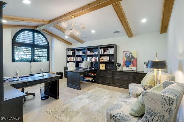 office area with recessed lighting, visible vents, and vaulted ceiling with beams