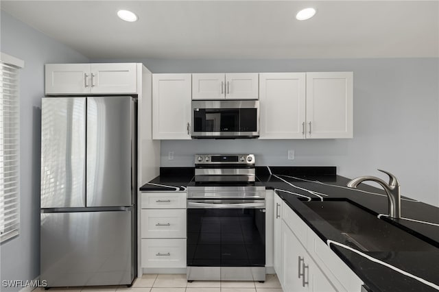 kitchen with white cabinetry, dark countertops, recessed lighting, and appliances with stainless steel finishes