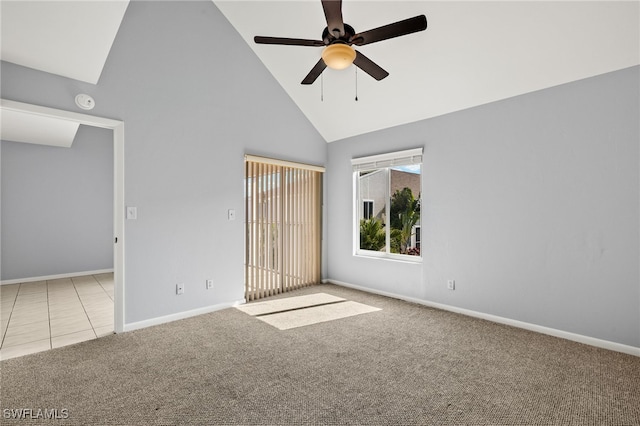 unfurnished bedroom featuring high vaulted ceiling, a ceiling fan, carpet, baseboards, and access to exterior