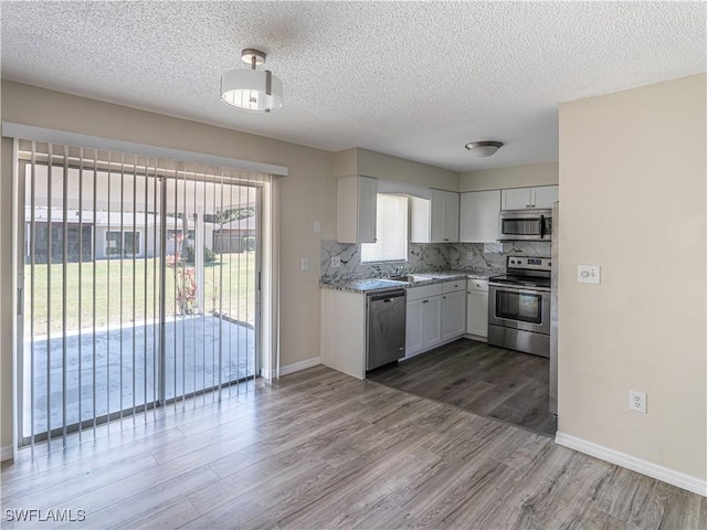 kitchen featuring plenty of natural light, light wood-style floors, backsplash, and stainless steel appliances