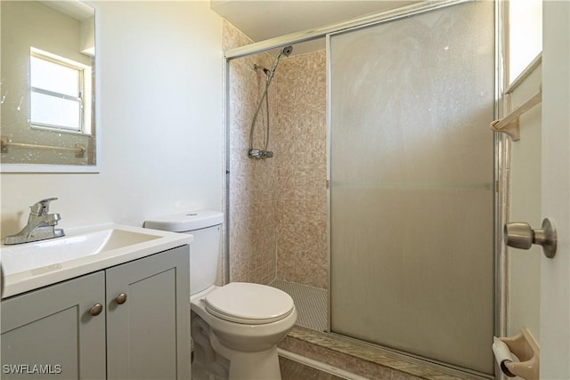 bathroom with vanity, toilet, and a shower stall