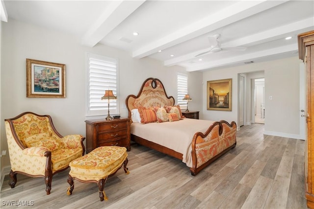 bedroom with baseboards, recessed lighting, ceiling fan, beamed ceiling, and light wood-type flooring