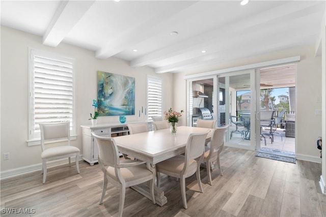 dining space with beam ceiling, recessed lighting, light wood-type flooring, and baseboards