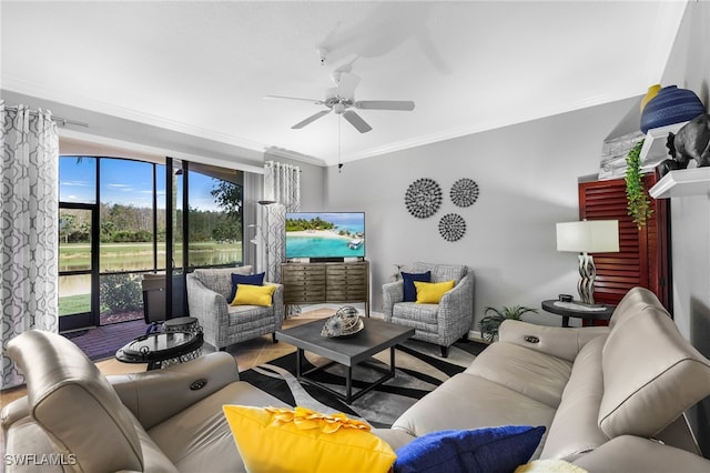 living room with a ceiling fan and ornamental molding