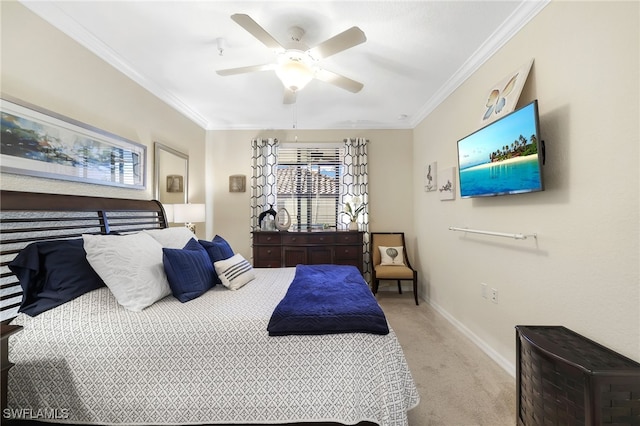 bedroom with light colored carpet, multiple windows, baseboards, and ornamental molding