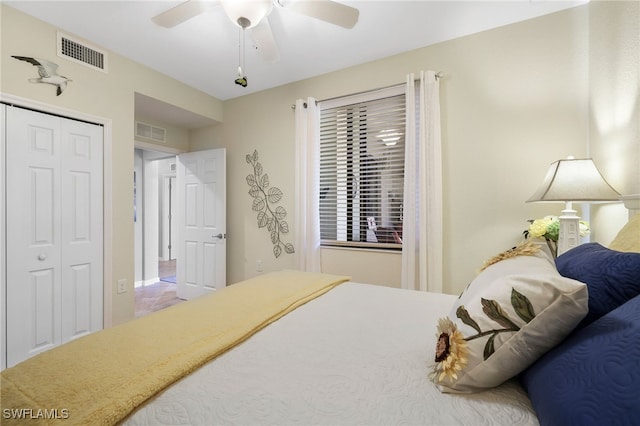 bedroom featuring visible vents, a closet, and ceiling fan