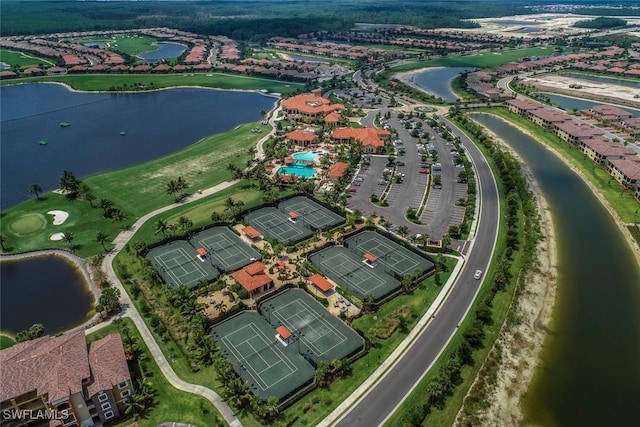 drone / aerial view with a water view