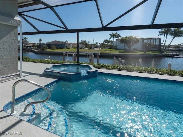 view of pool with glass enclosure, a water view, a patio area, and a pool with connected hot tub