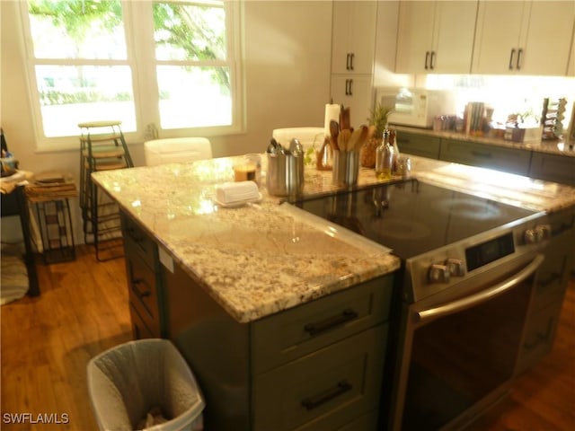 kitchen featuring white cabinetry, light stone counters, dark wood-style flooring, and stainless steel range with electric cooktop