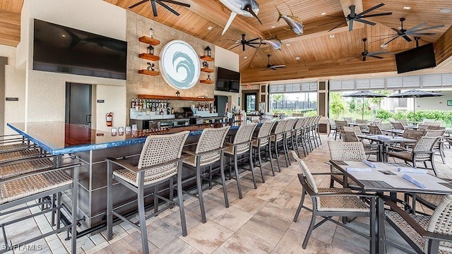 kitchen featuring dark countertops, wood ceiling, and high vaulted ceiling