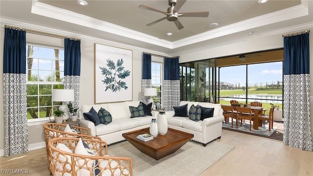 living room featuring a raised ceiling, ornamental molding, and light wood finished floors