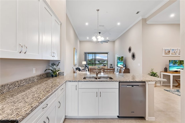 kitchen featuring crown molding, light stone countertops, a peninsula, stainless steel dishwasher, and a sink