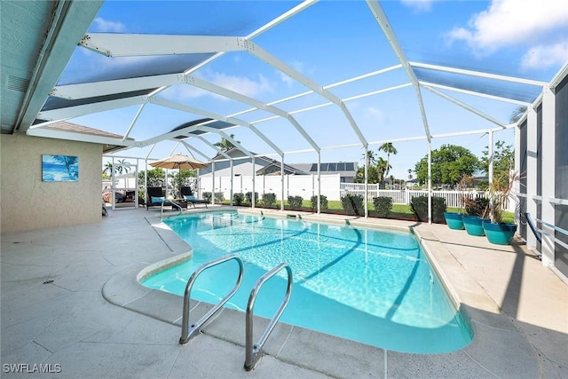 view of pool featuring a fenced in pool, glass enclosure, a patio, and fence