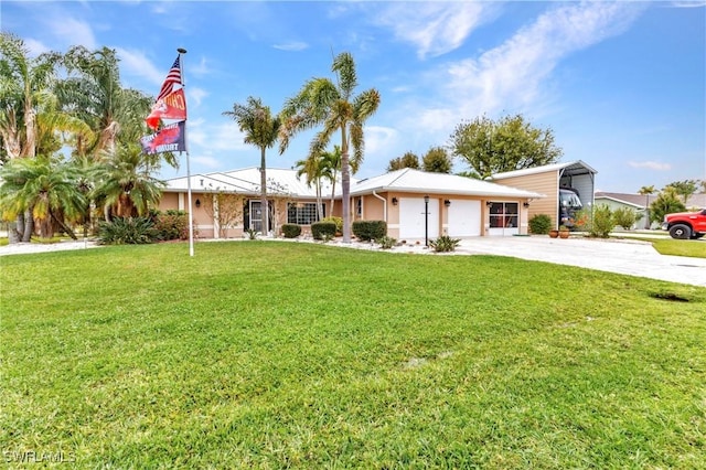 ranch-style house featuring a front lawn, an attached garage, and concrete driveway