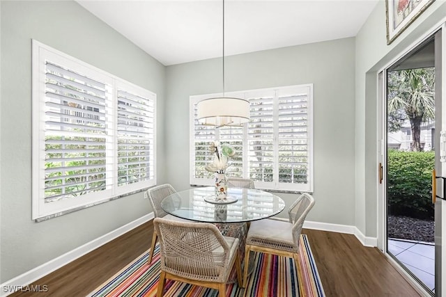 dining area with wood finished floors, a healthy amount of sunlight, and baseboards