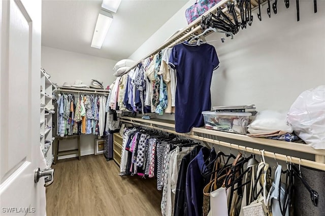 walk in closet with wood finished floors