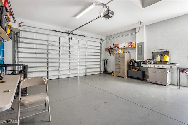 garage featuring electric panel and a garage door opener