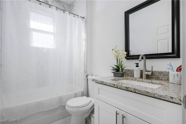 bathroom with shower / bath combo with shower curtain, toilet, and vanity