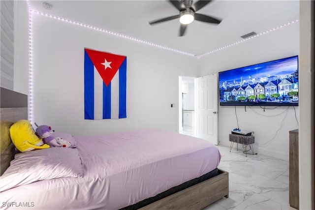 bedroom featuring visible vents, marble finish floor, and a ceiling fan