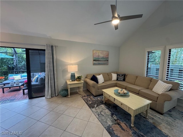 1281 Solana Rd, Naples, FL 34103 - living room with light tile patterned flooring, high vaulted ceiling, and a ceiling fan