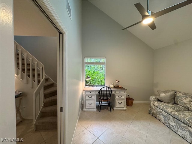 1281 Solana Rd, Naples, FL 34103 - unfurnished office featuring visible vents, baseboards, light tile patterned floors, high vaulted ceiling, and a ceiling fan