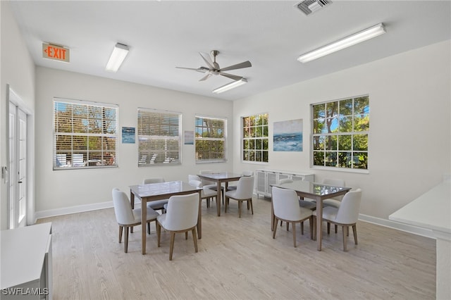 dining area with light wood-style flooring, baseboards, visible vents, and ceiling fan