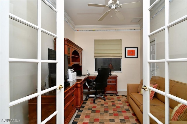 office featuring crown molding, french doors, and ceiling fan