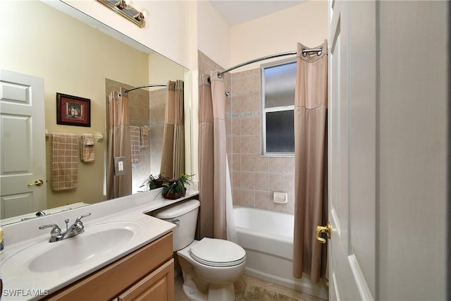 full bath with toilet, vanity, and shower / tub combo