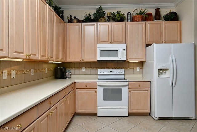 kitchen featuring decorative backsplash, white appliances, light brown cabinets, and crown molding