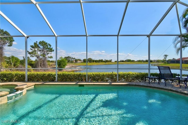 view of swimming pool with a lanai, a patio area, a water view, and a pool with connected hot tub