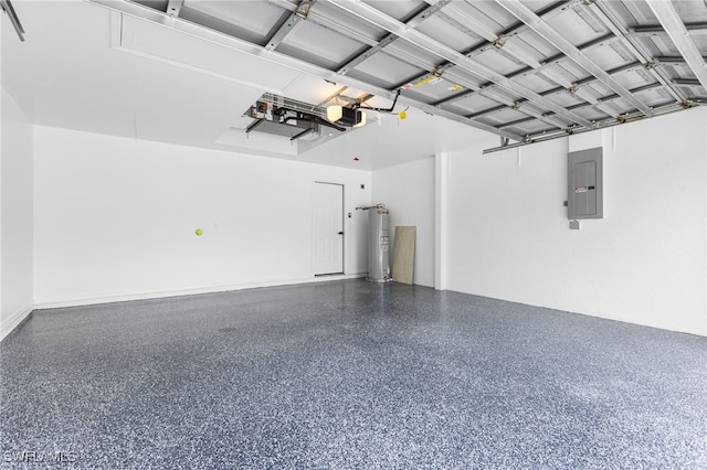 garage featuring a garage door opener, electric panel, and electric water heater
