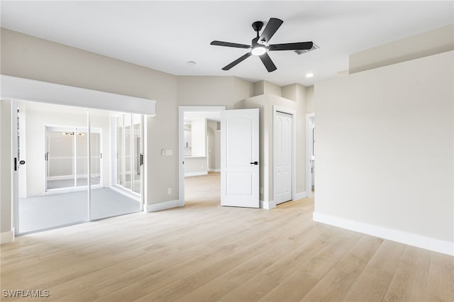 interior space with recessed lighting, baseboards, ceiling fan, and light wood-type flooring