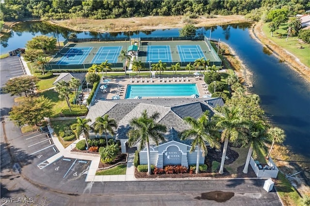 bird's eye view with a water view