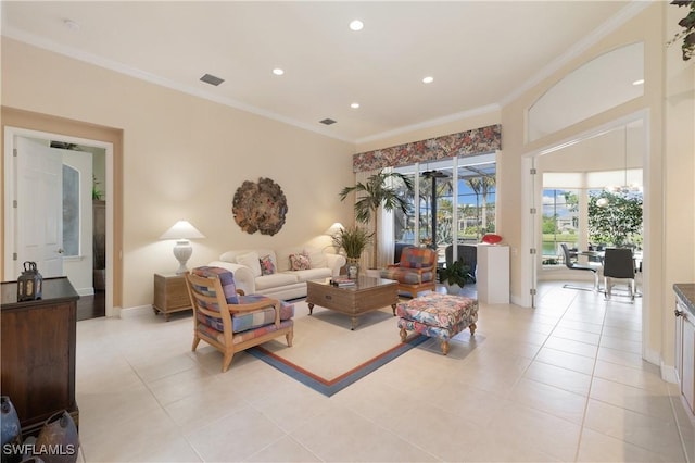 living room with recessed lighting, visible vents, crown molding, and light tile patterned floors