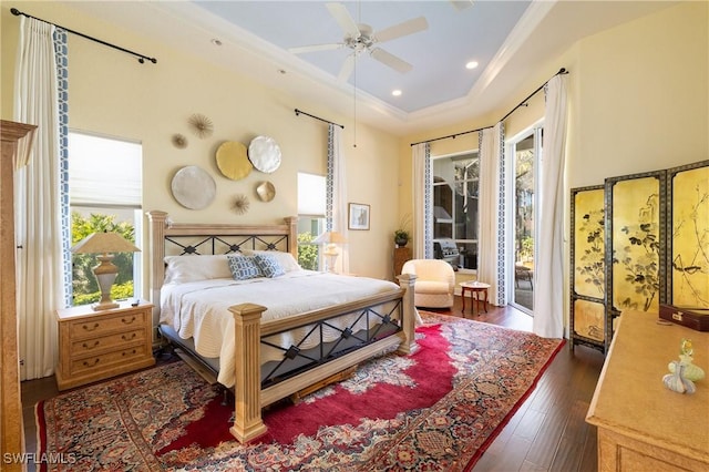 bedroom featuring a raised ceiling, access to outside, multiple windows, and wood finished floors