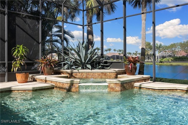 pool with a lanai and a patio