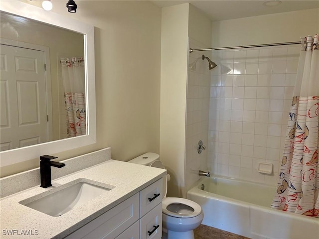 full bathroom featuring toilet, shower / bathtub combination with curtain, and vanity