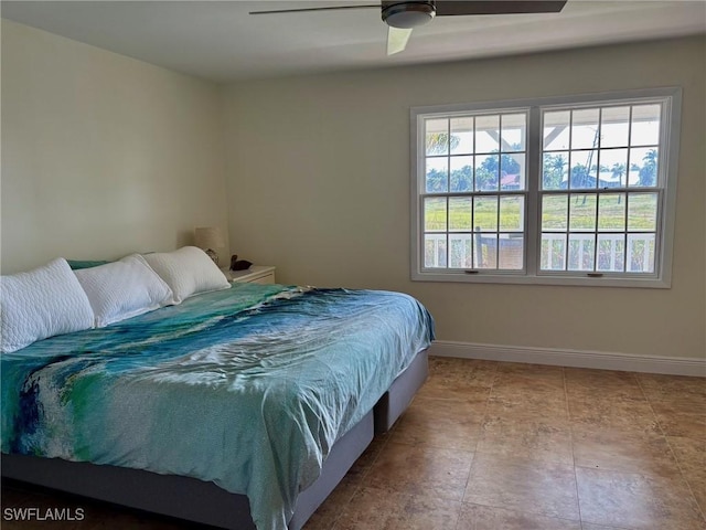 bedroom featuring a ceiling fan and baseboards