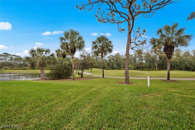 surrounding community with a yard and a water view