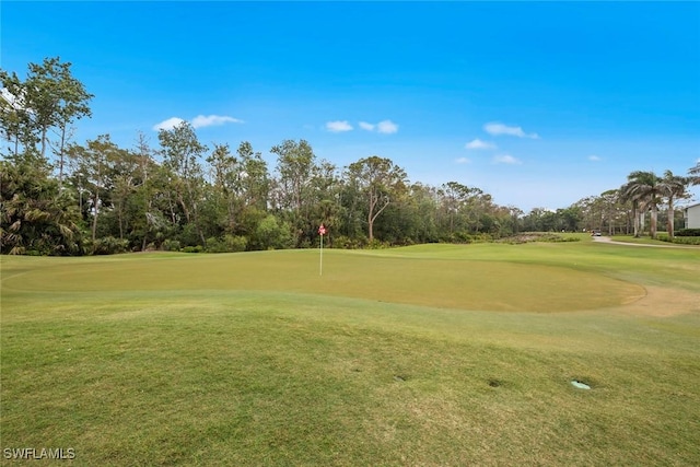 surrounding community featuring golf course view and a yard