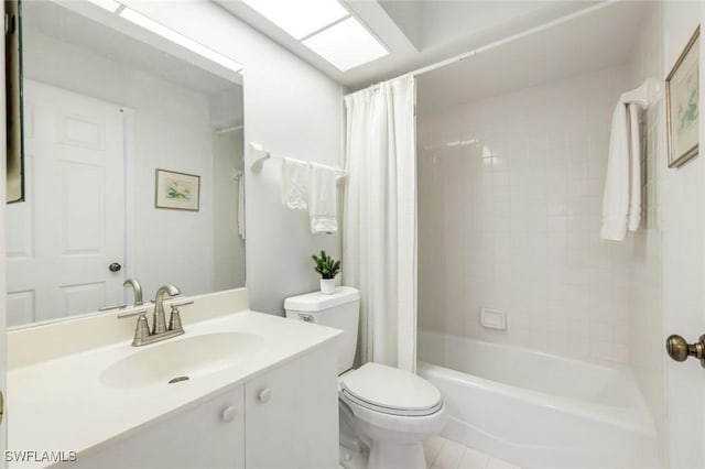 full bath with tile patterned flooring, toilet, vanity, and shower / bath combination with curtain