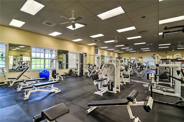 gym featuring a ceiling fan, visible vents, and a drop ceiling