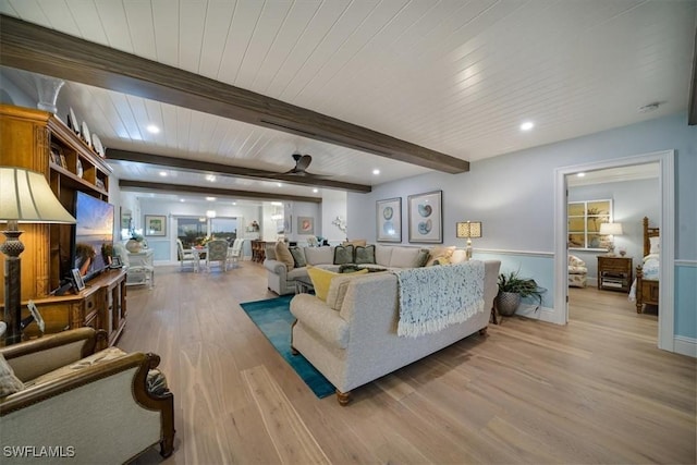 living area featuring wood finished floors, baseboards, recessed lighting, wood ceiling, and beamed ceiling